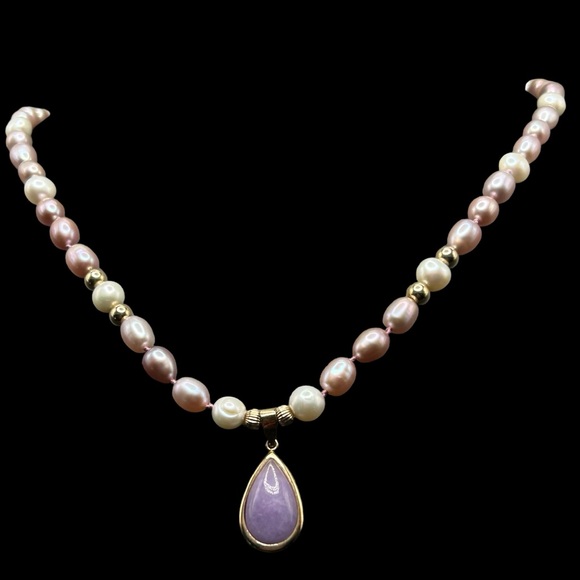 14K Gold Lavender Jade Pendant Necklace Lavender Pearls OOAK